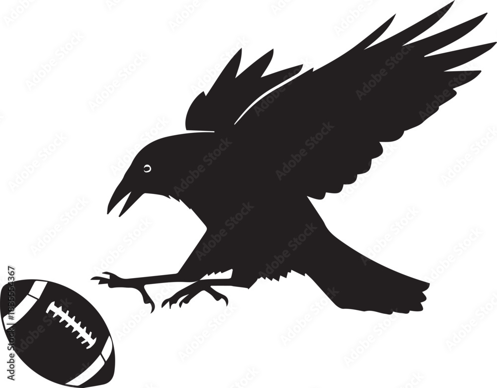 Fototapeta premium Silhouette of a crow swooping down towards an american football