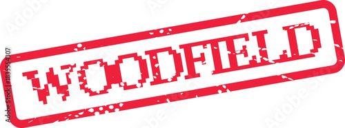 Distressed red WOODFIELD rubber stamp representing natural outdoor spaces and serene forested environments