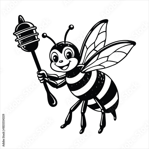A cheerful bee holding a honey dipper dripping hon