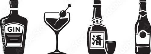 Collection of alcohol bottles and cocktail glass in black and white silhouette