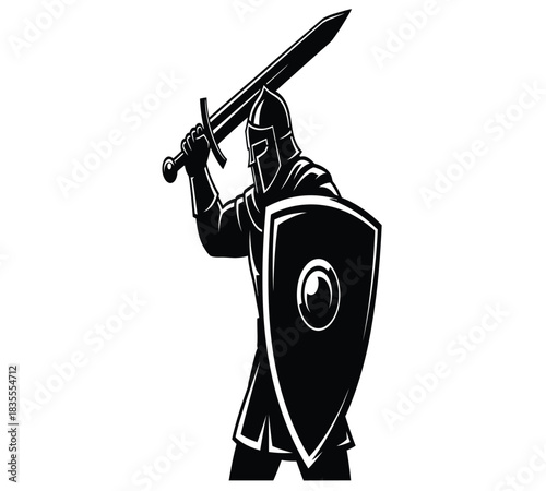 Monochrome vector illustration of a medieval knight in full armor, sword and shield ready for battle. Symbolizes strength, courage, and protection. Perfect for historical and fantasy designs.
