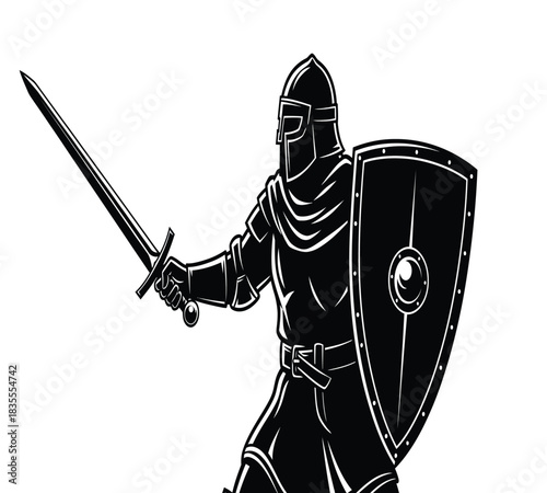 Vector illustration of a medieval knight in shining armor, wielding a mighty sword and shield. Symbolizes strength, protection, history, and heroism.