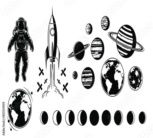 Illustrative vector collection of space-themed elements: astronaut, launching rocket, solar system planets, moon phases, and artificial satellites. Ideal for education, science, and design.