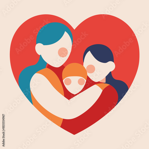Family embrace inside a red heart symbol