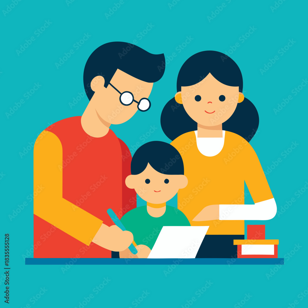 Fototapeta premium Family helping child with homework at a desk