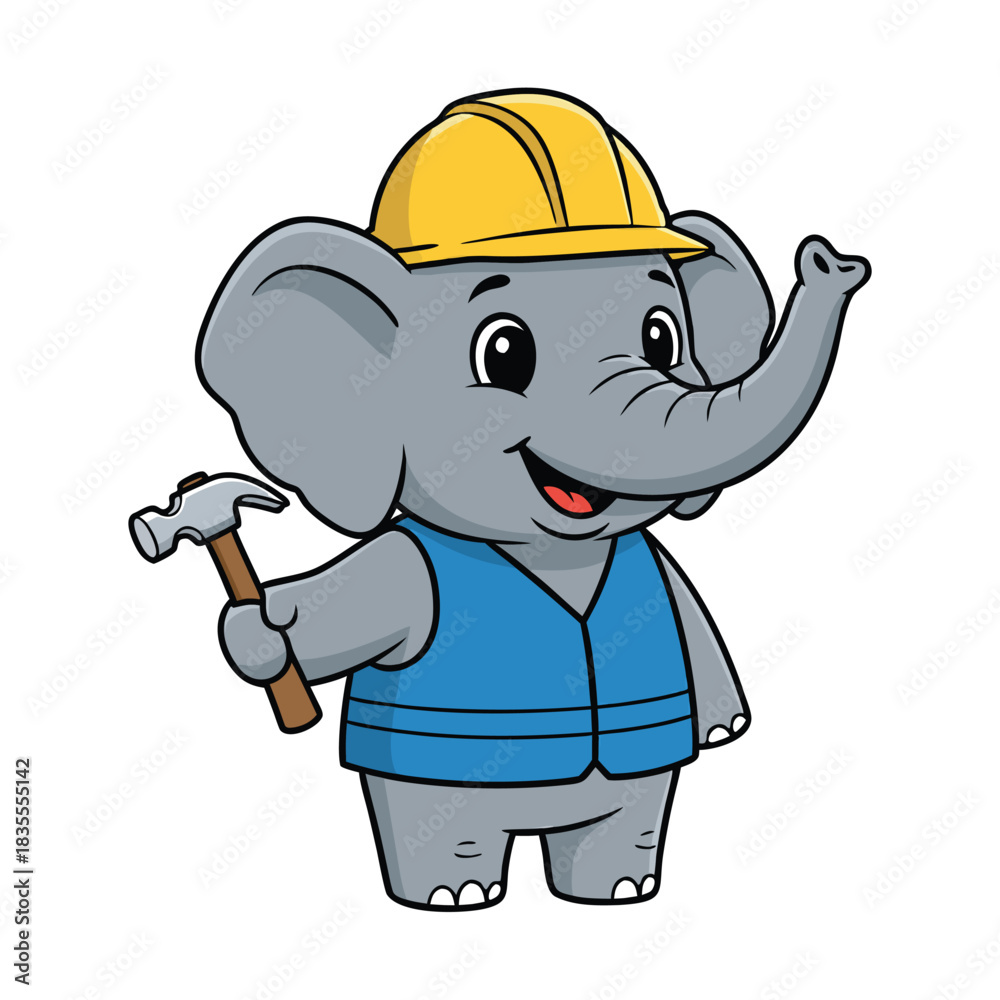 Fototapeta premium Cartoon Elephant Construction Worker with Hammer.