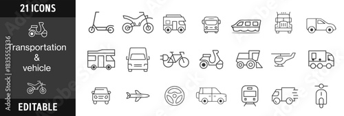 Transport icons set. Includes icons for car, truck, train, airplane, ship, road, delivery, logistics, and travel. Line icons.