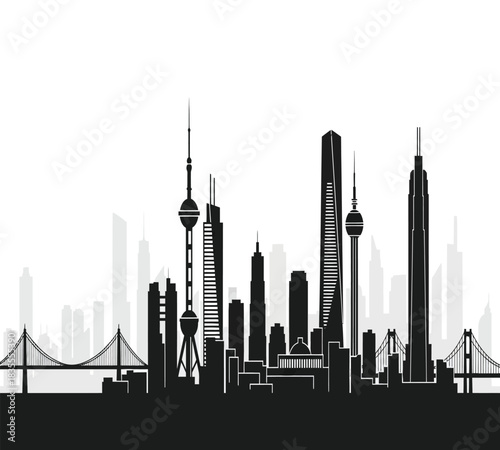 Clean, minimalist vector illustration of a major city's skyline, showcasing diverse architectural styles, tall skyscrapers, and connecting bridges against a crisp white backdrop. Ideal for global urba