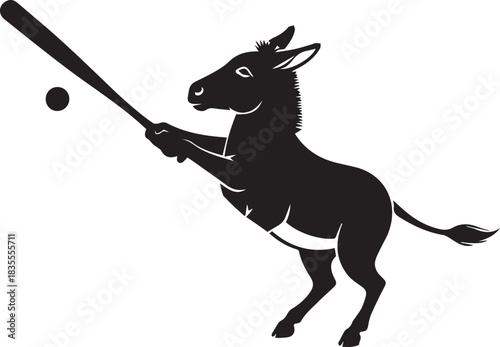 Black silhouette of a donkey swinging a baseball bat at a ball