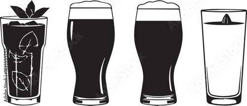 Collection of four diverse beverage glasses with different drinks