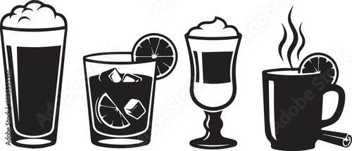 Collection of four black and white beverage icons including coffee and cocktails