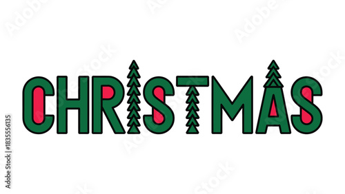 Christmas Season Typography: A vibrant typographic design spelling Christmas in festive green and red hues, adorned with Christmas trees. perfect for conveying holiday cheer and seasonal greetings.