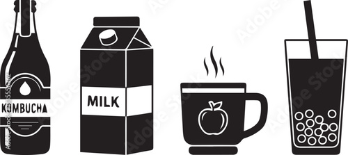 Collection of black and white beverage icons including kombucha milk coffee and bubble tea