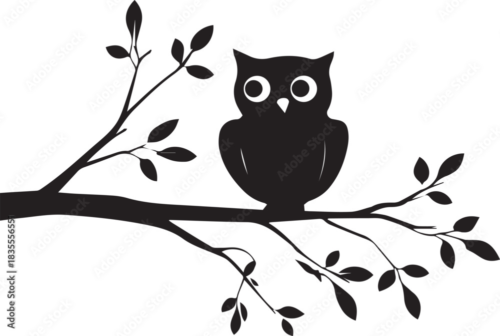 Fototapeta premium Owl sitting on branch silhouette black vector on white background