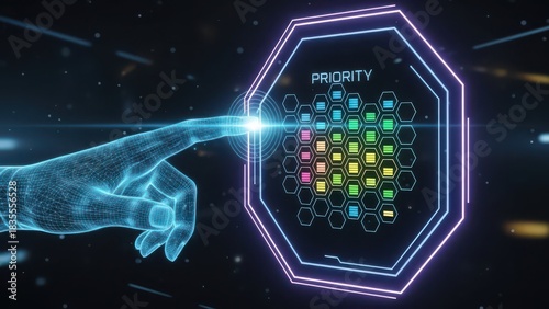 Futuristic technology interface with digital hand touching priority icon