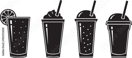 Four silhouettes of iced drinks with straws and lemon slice