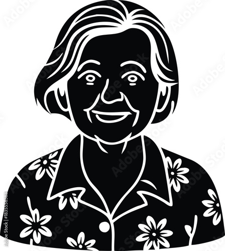 Black and White Older Woman with Floral Shirt Vector: Senior Fashion, Smiling Mature Female Portrait