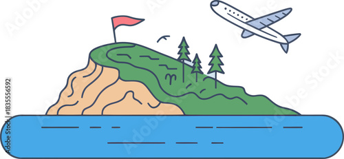 Airplane flying over lush green island with red flag, symbolizing travel and adventure