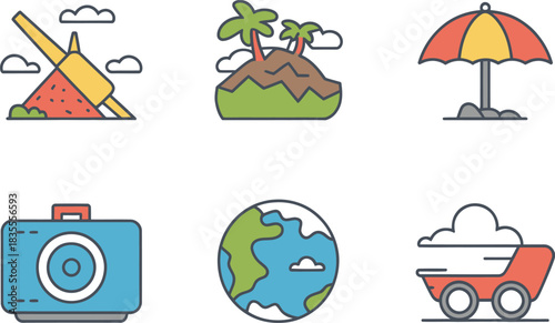 Vibrant travel icons depicting a pyramid, tropical island, umbrella, camera, globe, and luggage cart.