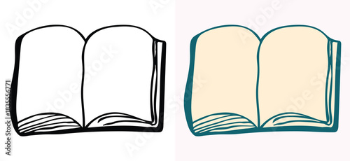 Vector illustration of an open book sketch, including both outline and colored versions with blank pages. Excellent graphic resource for education, learning, literature, and knowledge-based concepts.