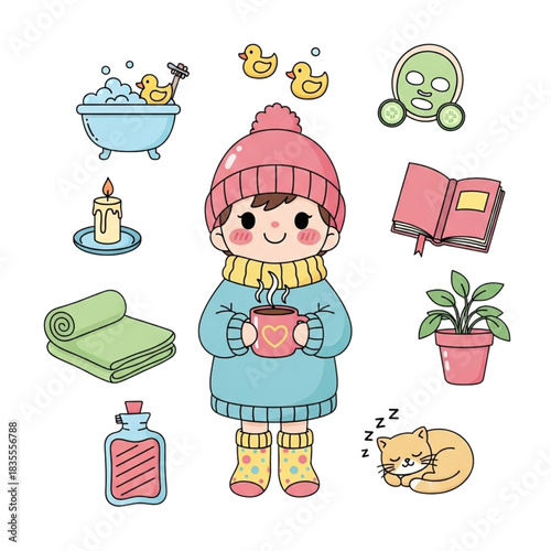 Cozy winter relaxation featuring a warm drink, bubble bath, face mask, sleeping cat, and a good book for a self care themed wellness day illustration