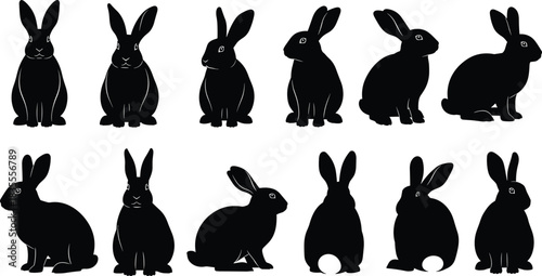 Black Rabbit Silhouette Collection Set of Hare Poses Bunny Animal Design Flat Vector Illustration Easter Holiday Pet Print CAD Drawing Graphic.