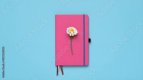 Vibrant pink journal with delicate white flower on light blue backdrop, perfect for creative inspiration and mindful planning,