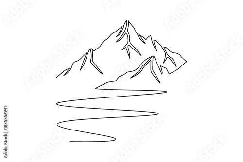 Mountain landscape, continuous one line drawing in a minimalist modern vector illustration style