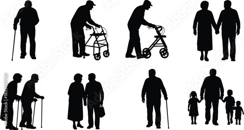 Collection of Elderly People Silhouettes Showing Different Stages of Aging, Mobility, Companionship, and Family Life Vector Illustration