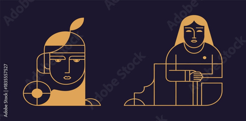 Stylized native american man and woman in gold line art