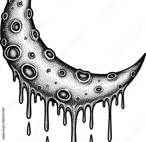 Creepy Melting Crescent Moon Stipple Drawing Engraving Style Halloween Gothic Artwork Graphic Vector Illustration Sticker Print Poster CAD Drawing.