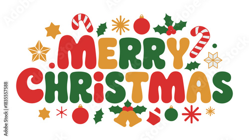 Festive Cheer: A vibrant illustration spells out Merry Christmas, a colorful assortment of holiday ornaments adds to the festive spirit. 