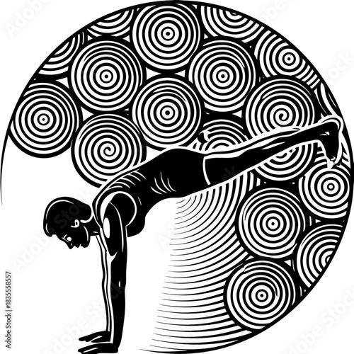 Silhouette of a person in a yoga pose within a circular patterned design