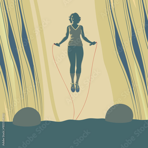 Woman jumping rope silhouette with abstract background