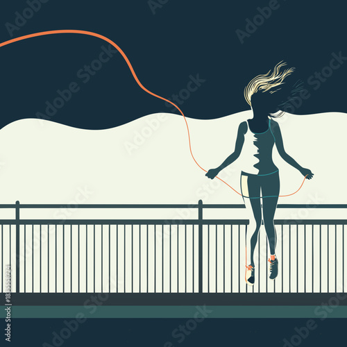Woman jumps rope on bridge with windblown hair