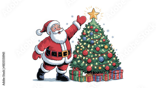 Holiday Cheer: A festive illustration of Santa Claus placing a star atop a Christmas tree, surrounded by wrapped gifts, bringing the spirit of the season to life.