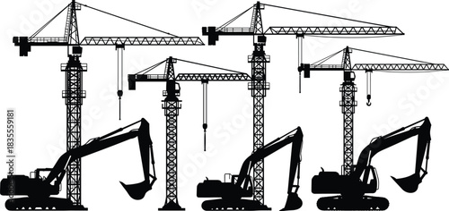 Heavy Construction Equipment Silhouette Set, Tower Cranes and Excavators Black Industrial Machinery Vector Illustration for Engineering Graphics