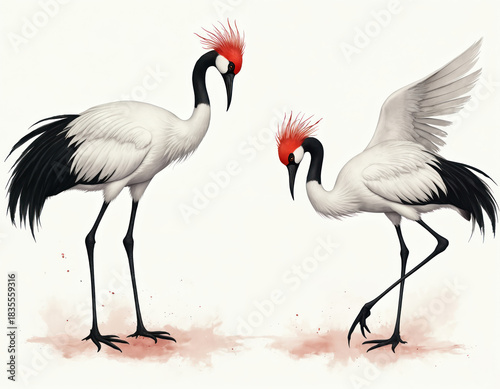 Two Japanese cranes with red crests stand on white background. Elegant birds painted in black white red ink watercolor style. Traditional oriental nature art.