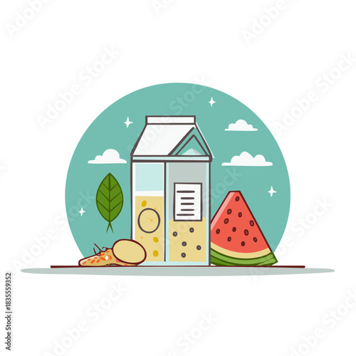 Illustrated Juice Box with Watermelon, Ginger, and Green Leaf