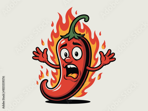 Animated red chili pepper character with expressive face appears engulfed in flames and terrified