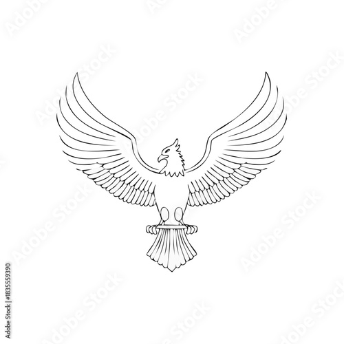 Stylized heraldic eagle with spread wings. Majestic bird of prey line art illustration