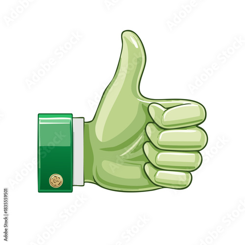 Bright green cartoon hand displaying a thumbs up gesture with stylish cufflink design