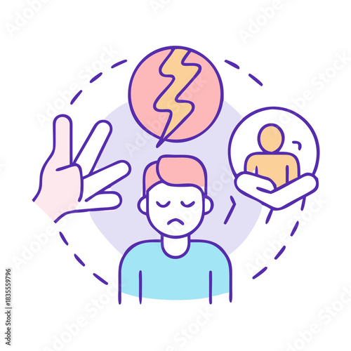 Concept image depicting mental health, support and stress around a sad person