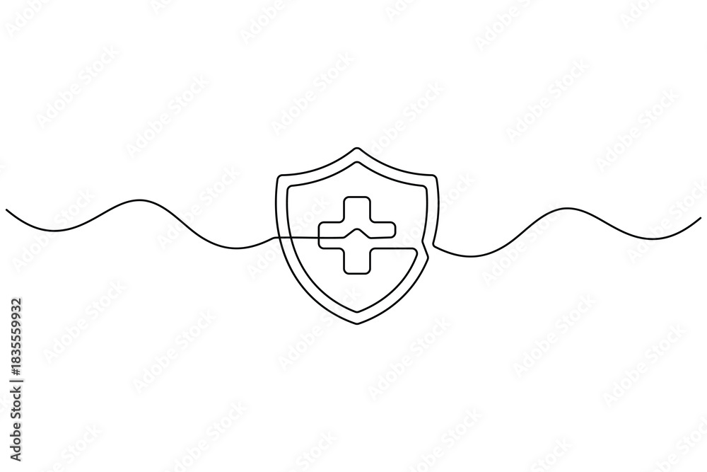 Obraz premium Continuous line drawing of a medical shield with a cross, symbolizing health protection