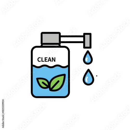 Promote hygiene and wellness using natural cleaning products with this modern icon of bottle with water and leaves, ideal for eco conscious campaigns