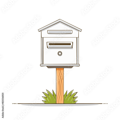 White Mailbox Shaped Like a House on a Wooden Post with Grass Cartoon Vector Illustration