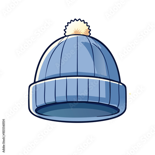 Cartoon Blue Winter Hat with Pompom Isolated, vector style apparel, cute cartoon beanie for cold days