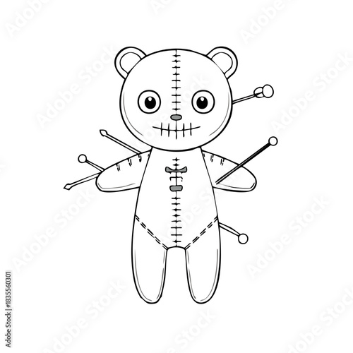 Cute stitched teddy bear voodoo doll with pins black and white drawing for spooky concepts