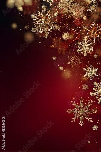 Red and gold festive background with sparkling bokeh and winter details. Ideal for Christmas layouts, invitations, and celebration materials.