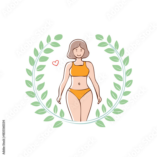 Happy body positive woman in a bikini surrounded by a laurel wreath illustration for self love and wellness